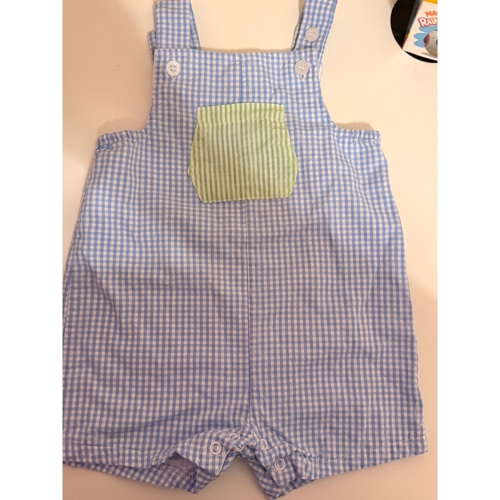 Bayou Blanks  Gingham Overall Romper One-Piece With Green Front Pocket Sz 9mo